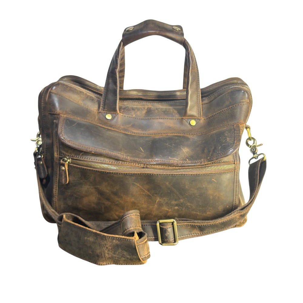 Vintage Leather Crossbody Commuter Bag Briefcase Brown Distressed Mens Large
